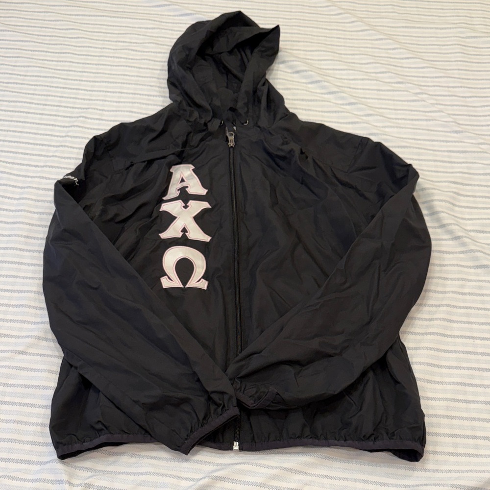 Black Hooded Windbreaker with Pink Greek AXO